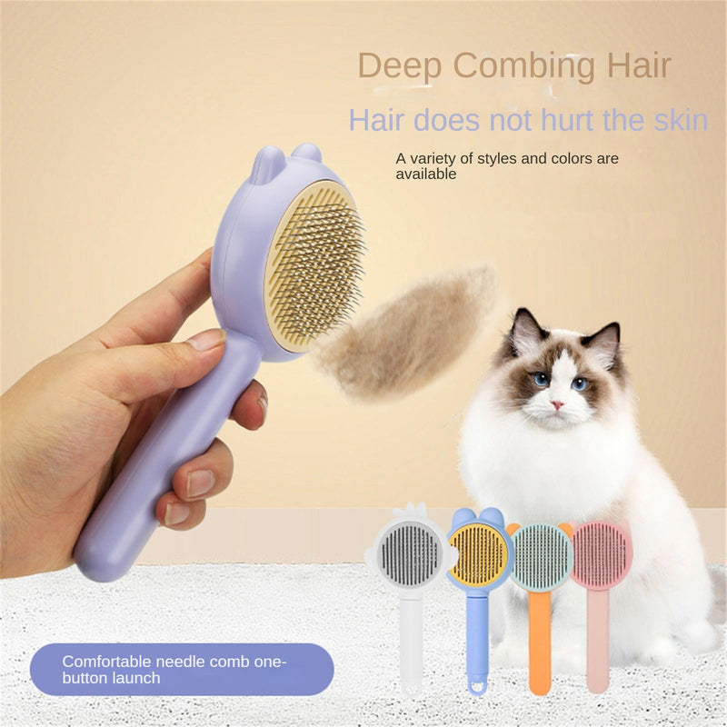 Self-Cleaning Cat Brush with Curved Stainless Steel Teeth – Gentle Pet Grooming Tool for Shedding, Massage & Hairball Prevention (Gray bristle brush) Gray bristle brush
