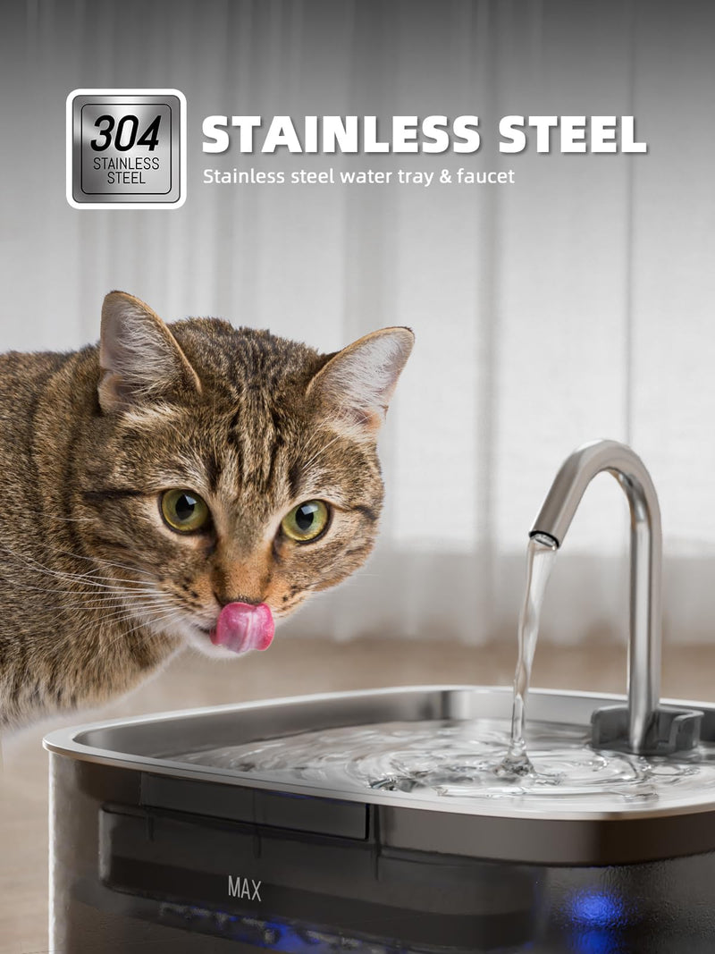 Cat Water Fountain: 75oz/2.2L Automatic Pet Water Dispenser for Cats, 304 Stainless Steel Faucet & Lid Cat Water Bowl Dispenser, Super Silent Pet Water Fountain for Cats Inside, Pump with LED Light Stainless Steel Cat Fountain - PawsPlanet Australia