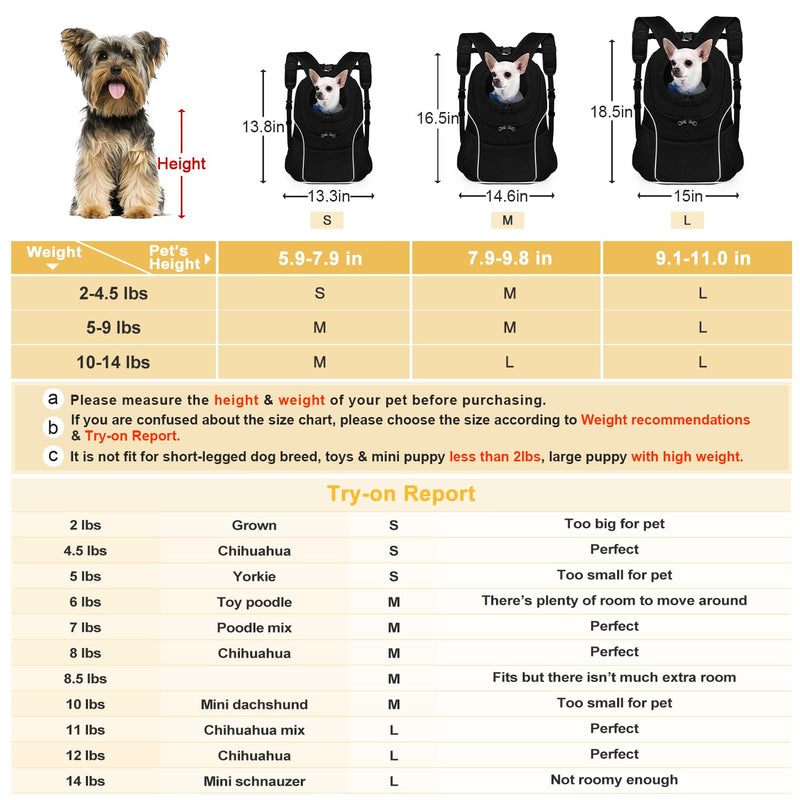 WOYYHO Pet Dog Carrier Backpack Small Dog Front Backpack Ventilated Dog Carrier Back Pack with Storage Pockets, Adjustable Straps & Safety Belt for Travel Hiking Outdoor(Size L: 10-14 lbs, All Black) 2-Solid Black Large(10-14lbs) - PawsPlanet Australia