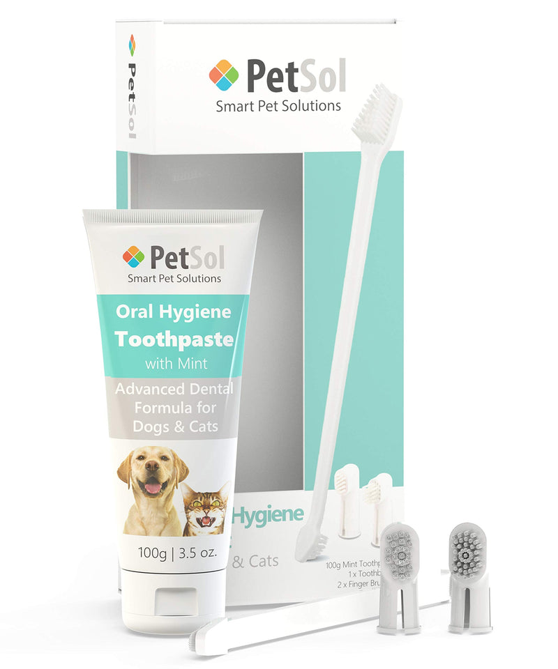 PetSol Dental Care Kit for Dogs & Cats Toothpaste (100g) with 3 x Pet Toothbrushes to Clean Pet's Teeth, Remove Plaque and Tartar, Improve Gum, Tooth Health & Pet Oral Hygiene Toothpaste Kit