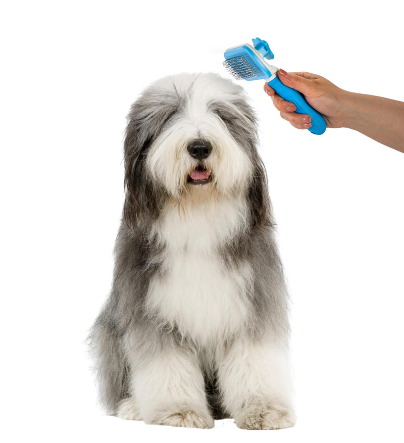 Self Cleaning Slicker Brush - PINK/GREY/BLUE - 1Pc- Pet Grooming Shedding Brush for Dogs and Cats - Remove Loose Undercoat & Tangles - Massaging Tool for Long or Short Hair Blue - PawsPlanet Australia