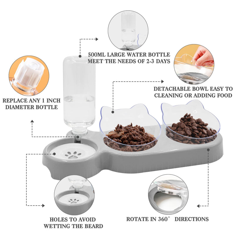 Triple Cat Bowls,15°Tilt 3-in-1 Water Feeder Bowls Cat Double Food Bowls with Automatic Water Bottle Bowl, Whisker Friendly Wet and Dry Cat Elevated Feeding Dishes for Small Cat and Puppy (Lead White) Lead White - PawsPlanet Australia