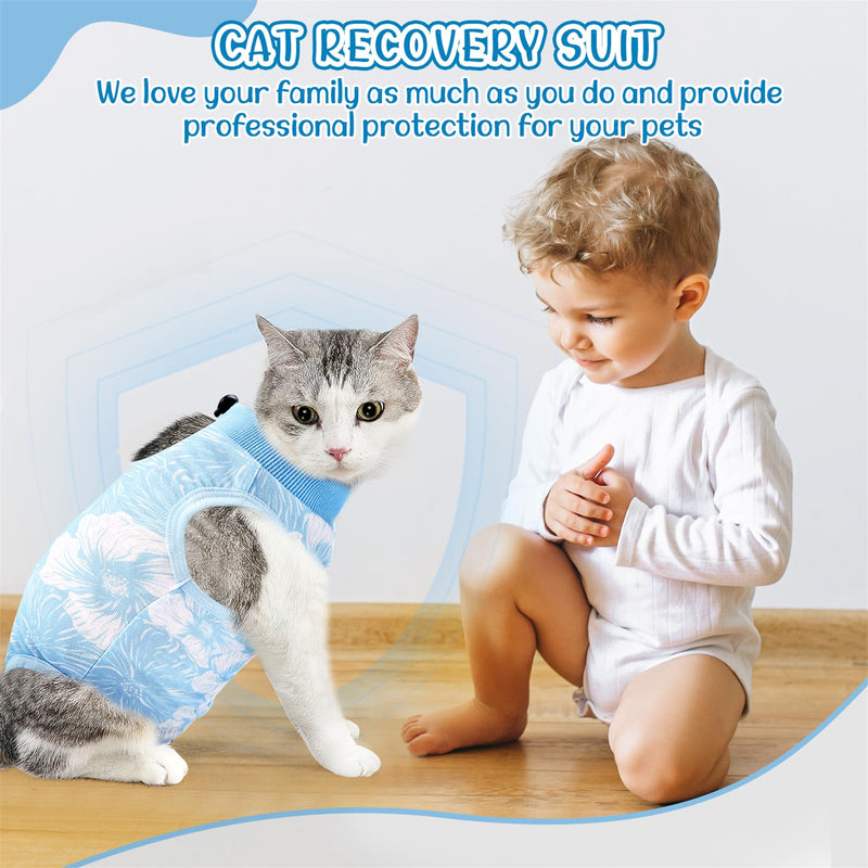 SlowTon Cat Recovery Suit - Cat Onesie for Cats After Surgery Female Male, Kitten Clothes Cats Surgical Spay Suit Abdominal Wounds, E-Collar Alternative Bodysuit Shirt Anti-Licking (Blue Flower,M) Medium Blue Flower