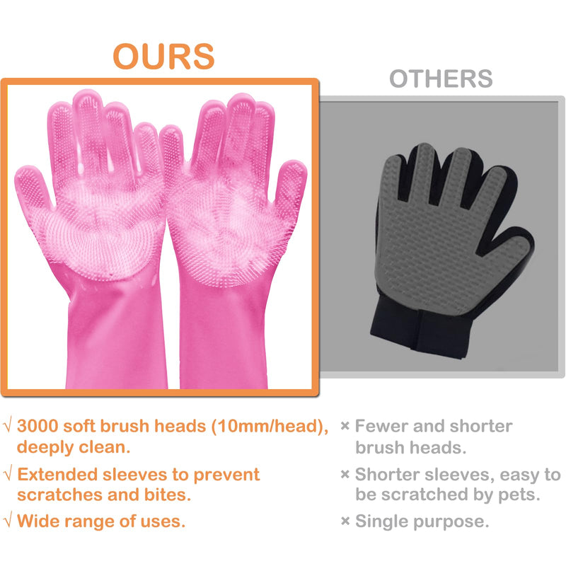 Pet Grooming Gloves, Dog Bathing Gloves with High-Density Teeth, Heat Resistant Silicone Cat Hair Remover with Enhanced Five Finger Design, Bathing and Massaging for Dogs and Cats (Pink) Pink
