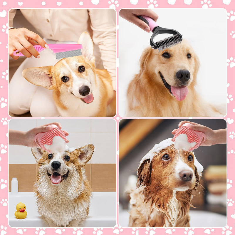 VCZONE 8 Pcs Dog Grooming Kit with Self Cleaning Tools: Nail Clipper, Flea Comb, Shampoo Brush, Shedding Brush, Dematting Comb, Silicone Toothbrush (Pink) Pink - PawsPlanet Australia