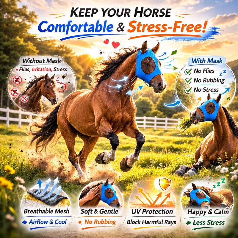 Horse Fly Mask - Arab Equine Fly Mask with Full Coverage for Eye & Ear - Stretchable, UV & Sun Protection Flymask for Horses, Ponies & Mini Horses - Horse Face Cover for Pasture & Trail - 3pack
