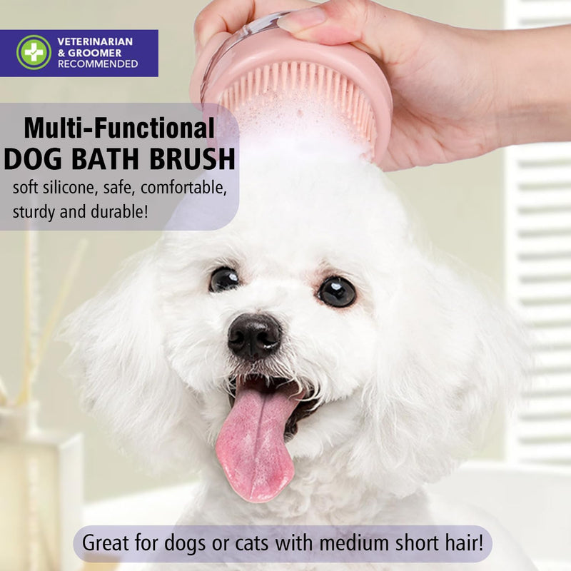 Dog Bath Scrubber Brush, 2 PCS Pet Dog Grooming Massage Shampoo Bath Brush with Soap and Shampoo Dispenser Soft Silicone Bristle for Long Short Haired Dogs Cats Shower Green & Pink - PawsPlanet Australia