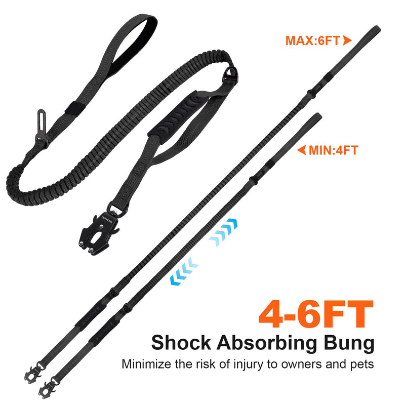 Heavy Duty Dog Leash, 4-6 Ft Shock Absorbing with Heavy-Duty Seatbelt Buckle & Dual Handles - No Bungee, for Medium to Large Dogs (Black) BLACK - PawsPlanet Australia