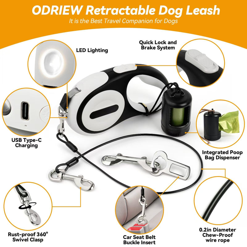 Retractable Dog Leash 16ft, 360° Tangle-Free, with Chew Proof Cable, LED Light, Dispenser, 2 Poop Bags. One Button Brake & Lock, Anti-Slip Handle, for Dogs Up to 75lbs. (White, 16ft) White - PawsPlanet Australia