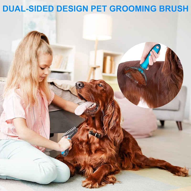 DakPets Pet Grooming Brush. Extra Wide, Double Sided Dematting Undercoat Rake for Dogs and Cats. Reduce Dog and Cat Shedding by 95%, Blue - PawsPlanet Australia