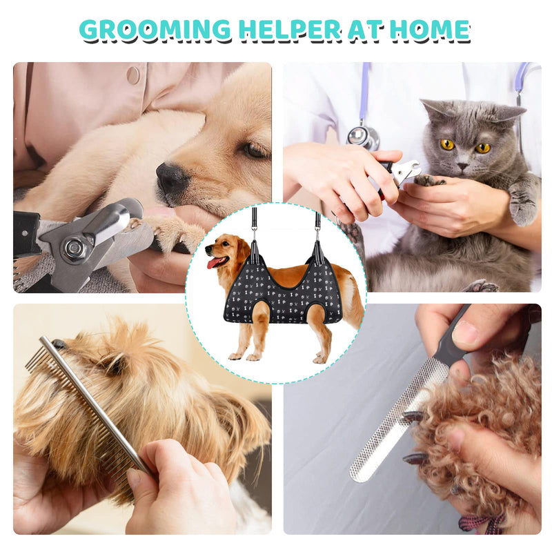 Pet Grooming Hammock Harness with Nail Clippers/Trimmer, Nail File, Comb, Cute Printed Breathable Cats & Dogs Hammock Sling for Grooming (XL, Black) XL - PawsPlanet Australia