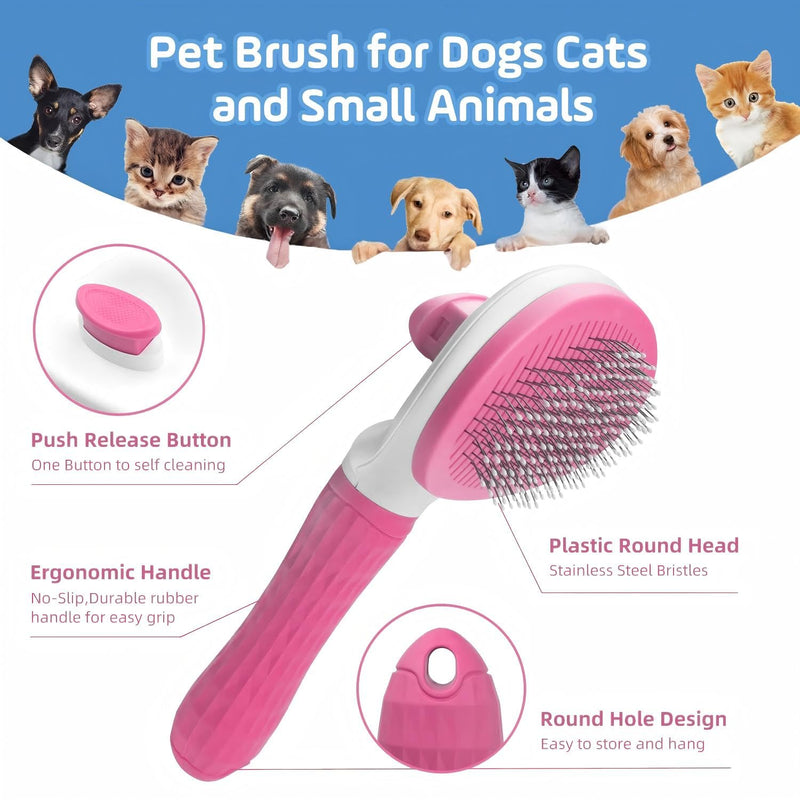Cat Hair Brush, Cat Brush for Shedding with Metal Comb, Self Cleaning Pet Hair Brush with Release Button - Skin Friendly Deshedding Grooming Brush for Short and Long Haired Cats Pink - PawsPlanet Australia