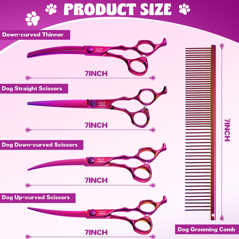 JASON Dog Grooming Scissors Set - Professional 6 in 1 Dog Shears Set - 7" Curved Thinner, 7" Straight, 7" Up-Curved, 7" Down-curved Scissors and Comb for Dog Cat Pet with Adjustable Screw Curved Thinner Set - PawsPlanet Australia