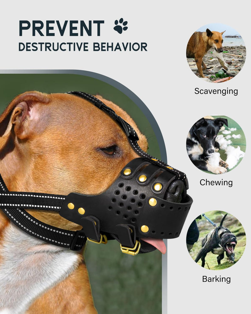 MIDOG Pitbull Dog Muzzle Leather Amstaff Muzzles Staffordshire Terrier Secure Basket (Black,L-9) - PawsPlanet Australia