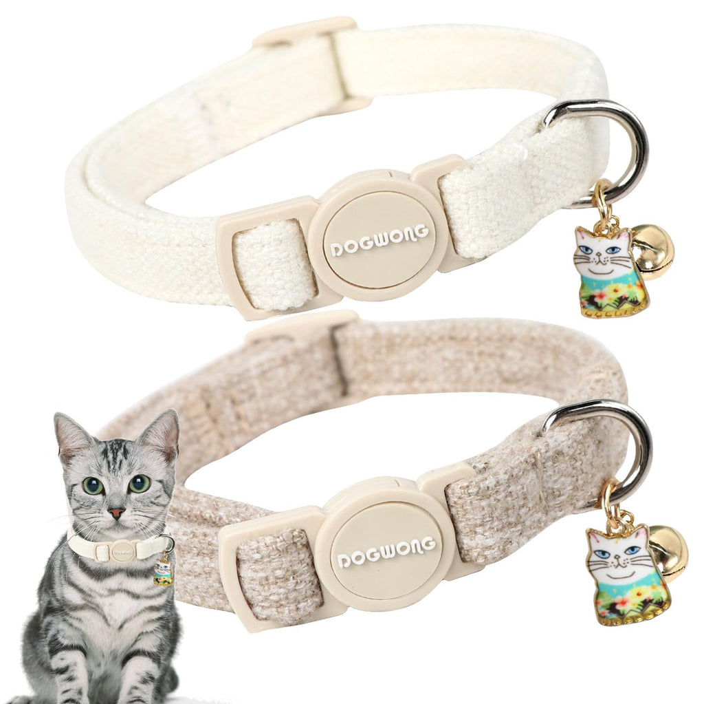 Cat Collar,2 Pack White Hemp Cat Collars Breakaway with Bell, DOGWONG Safety Buckle Wedding Cat Collar for Girl Boy Cats and Small Dogs，Adjustable 7-12 Inch,Pet Supplies Accessories Khaki