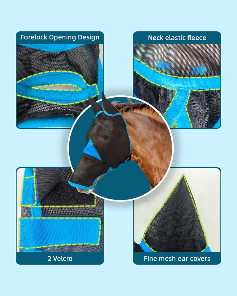 Hilltown Horse Fly Mask with Ears and Nose Cover - Large Eye Space, Full Face UV-Block, Breathable Mesh, Adjustable Fit, Soft Fleece Trim for Grazing, Riding & Daily Use - Pony, Blue