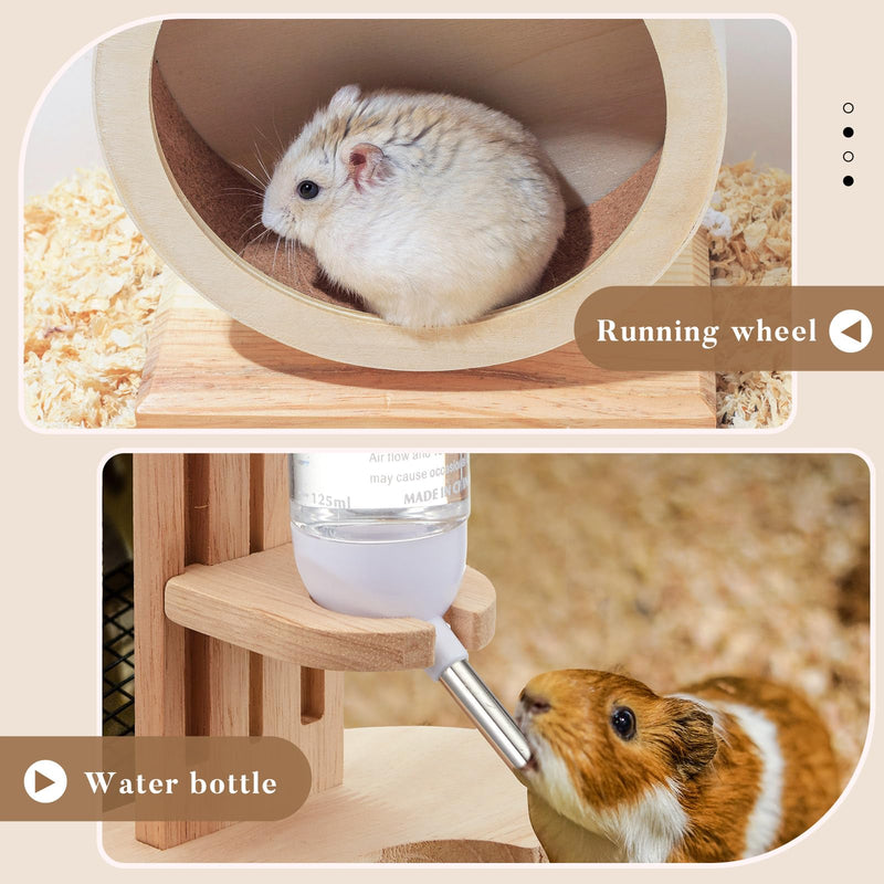 2 Pcs 7.9" M Size Wooden Hamster Wheels and Hamster Water Bottle Set Guinea Pig Running Silent Exercise Wheels Small Animal Water Dispenser Stand Holder for Guinea Pig Gerbil - PawsPlanet Australia