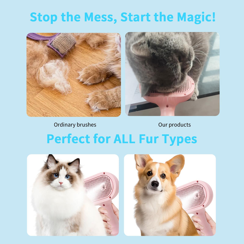 Cat Steam Brush, 2 Spray Nozzles for Shedding & Grooming, Self-Cleaning Cat Brushes for Indoor Cats & Dogs, Pet Hair Removal Tool with Release Button, Perfect for Long & Short Haired Pets (Pink) Pink - PawsPlanet Australia