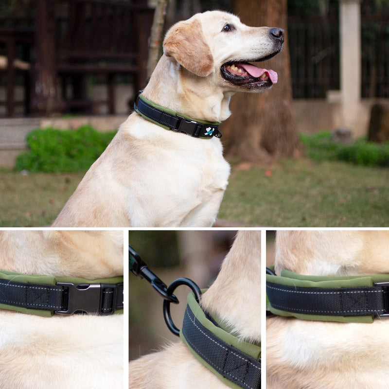 Nylon Padded Dog Collar Soft Adjustable Reflective Wide Pet Collars for Small Medium Large Dogs,Black/Green,S Black/Green - PawsPlanet Australia