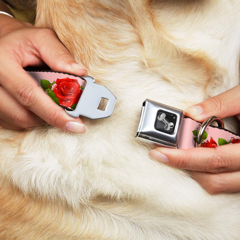 Dog Collar Seatbelt Buckle Rose Trio Leaves Pink 18 to 32 Inches 1.5 Inch Wide 1.5" Wide - Fits 18-32" Neck - Large - PawsPlanet Australia
