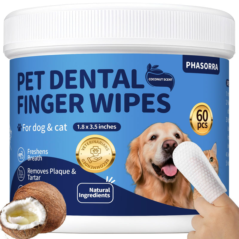 Dog & Cat Tooth Brushing kit - 60Ct Dog Toothbrush & Toothpaste Alternatives, Dental Care Wipes, Heavy Duty Teeth Cleaning, Remove Tartar & Plaque, Breath Freshener(Coconut) Coconut