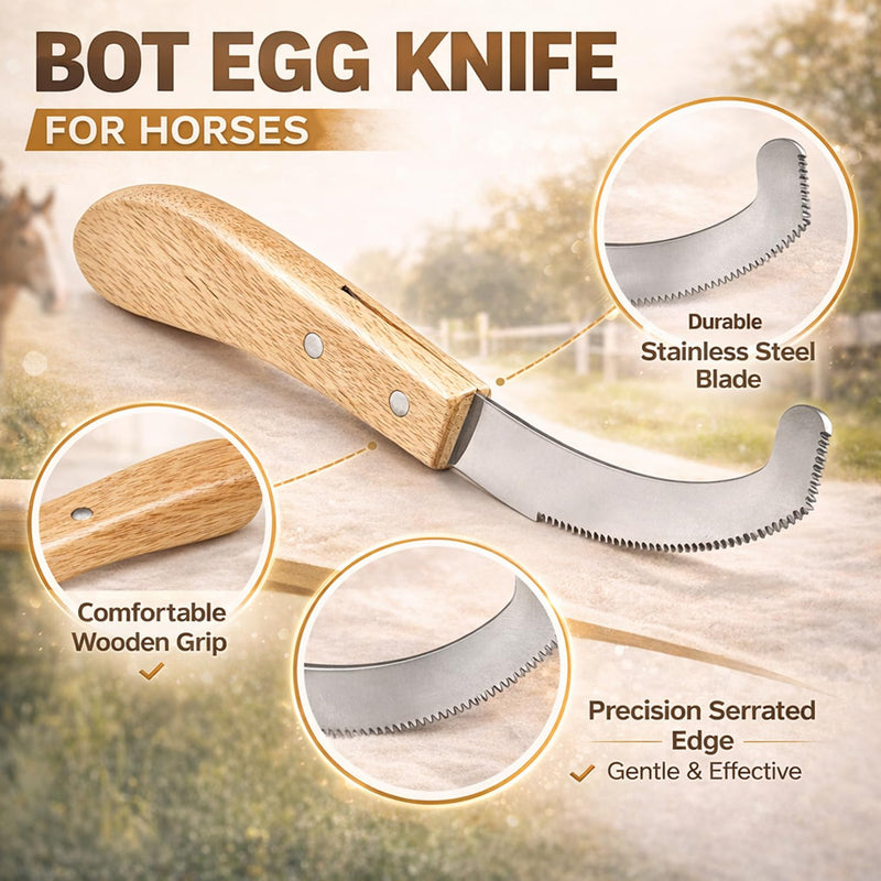 Bot Egg Knife for Horses, 2 Pack Bot Fly Egg Remover Tool with Wooden Handle, Stainless Steel Curved Serrated Blade, Horse Grooming Knife for Visible Eggs, Loose Hair and Debris