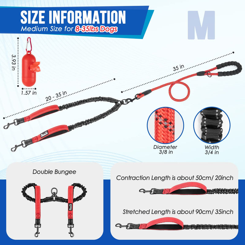 SlowTon Double Leash for Two Dogs - No Tangle Dog Leash 360° Swivel Reflective Double Dog Leash with Two Padded Handles, Shock Absorbing Walking Training for Small Medium Dogs (Red, 8-35 lbs) 2 Handles (2 Dogs Total Weight 8-35lbs) 1.Red