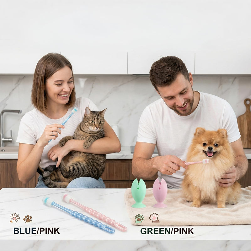 ElevateTech Small Dog and Cat Toothbrush, 4 Pcs 360 Degree Pet Toothbrushes Soft Silicone Cat Puppy Tooth Brushing Kit with 2Pcs Suction Cup Toothbrush Holder for Kitten Tiny Pet Teeth Cleaning