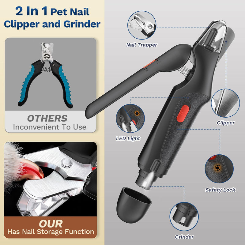 2 in 1 Dog Nail Clippers & Cat Nail Clippers Trimmers for Large Medium Small Dogs Cats Claw Trimmer Quick Sensor and Safety Guard USB Rechargeable Dogs Nail Trimmer with Catcher & 2 LED Lights Black - PawsPlanet Australia