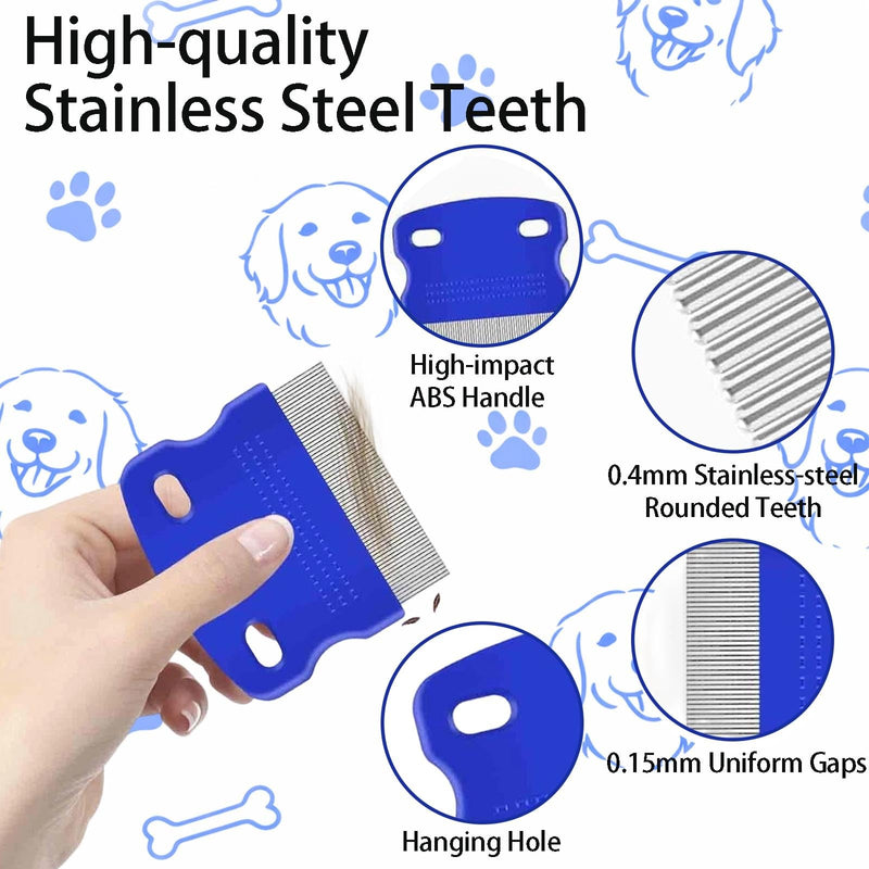 6 Pack Flea Comb for Dogs and Cats, Stainless Steel Pet Grooming Comb Set, Lice Comb, Double-Sided Tear Stain Remover, Dematting and Fine Tooth Combs for Small, Medium and Large Pets blue(6 pack)
