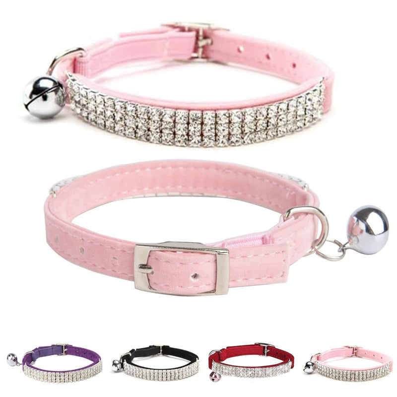 BINGPET Diamond Cat Collar,Adjustable Soft Velvet Leather Safe Kitten Collar with Shiny Rhinestones and Bells,Girl Boy Bling Stylish Cat Collars with Safety Elastic for Small Medium Cats,Pink Pink