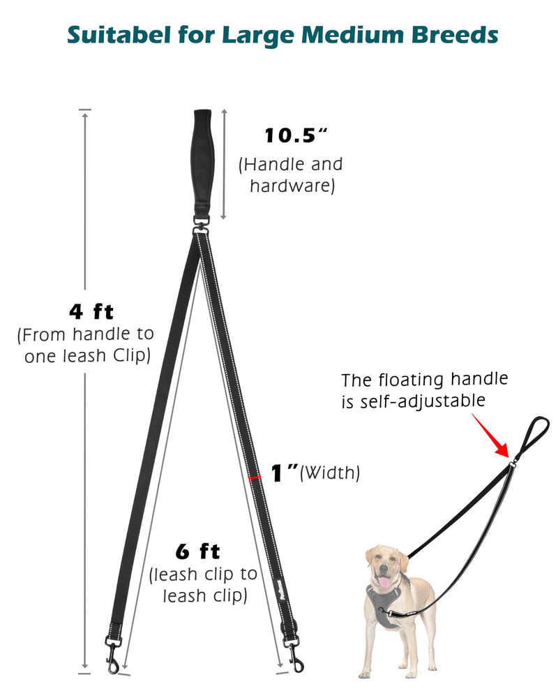 PetBonus Two Point Control Dog Lead, Works with No Pull Harnesses, No Tangle Training Leads, Soft Padded and Reflective Walking Lead, Converts to Single Lead for Medium Large Dogs (Black) Black - PawsPlanet Australia