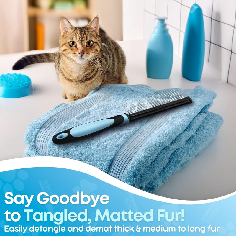 Flexzion Metal Pet Comb for Cats & Dogs - Sturdy Stainless Steel Rounded Teeth with Non-Slip Soft Grip Handle Easy to Use Grooming Detangling Cat Combs for Indoor Cats, Blue - PawsPlanet Australia