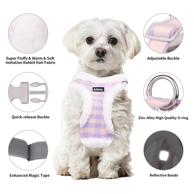 AIITLE Reflective Plush Dog Winter Harness and Leash Set - Breathable Plaid Dog Vest Warm Dog Harness - Fleece Lined Dog Vest for Cold Weather, Easy to Put on Small and Medium Dogs Purple S Purple Pink Plaid - PawsPlanet Australia