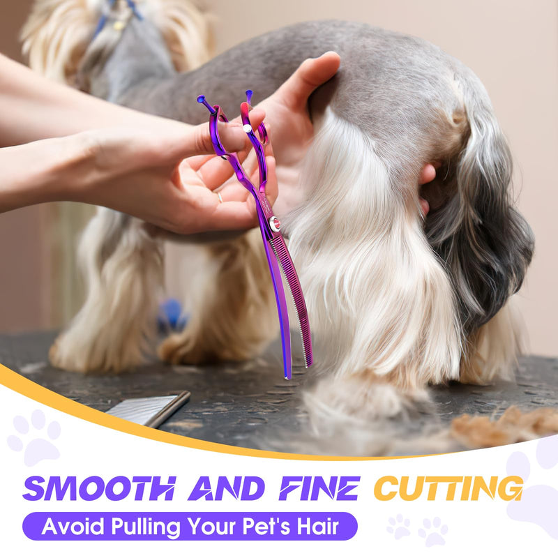JASON 7.5" Dog Grooming Scissors - Professional Curved Thinning Shears for Grooming, Japanese 440C Stainless Steel Blender Shears with Diamond Adjustable Screw (65 Teeth, Purple) Christmas Gift A-Curved Thinner - PawsPlanet Australia