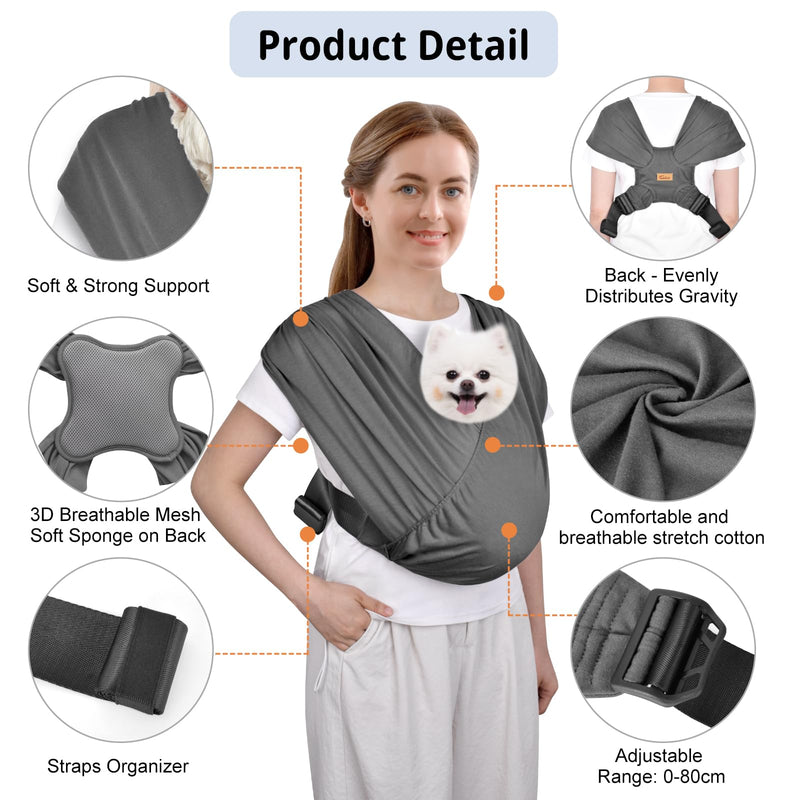 CUBY Swaddle Dog Sling Carrier for Small Dogs, Front Pet Sling Carrier Chest,Hands Free Adjustable Cat Sling Carrier Soft Cotton Reducing Pain Puppy Sling Carrier for Small Pet Up to 10lb (Dark Gray) Dark Gray - PawsPlanet Australia