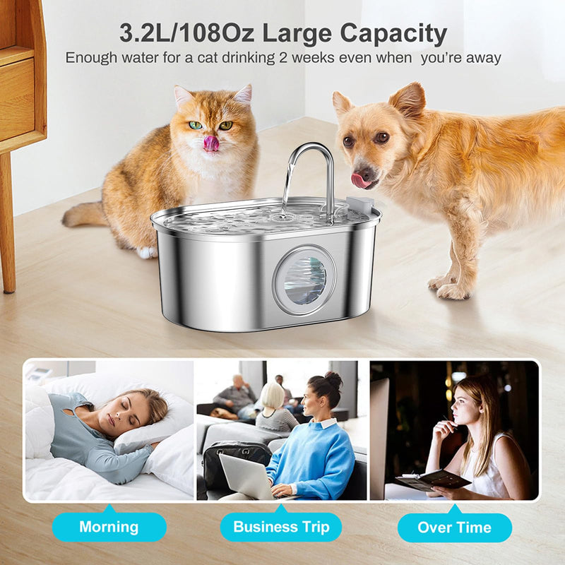 Cat Water Fountain Stainless Steel: 3.2L/108oz Pet Fountain Water Bowl Dog Drinking Dispenser Cat Feeding & Watering Supplies Animal Metal Kitty Spout for Large - PawsPlanet Australia