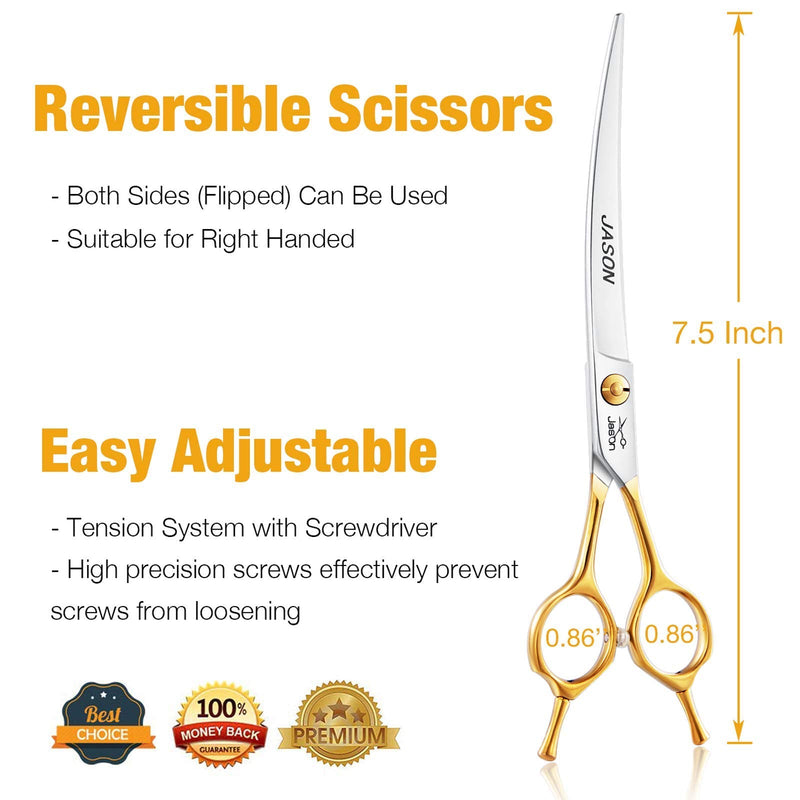 JASON 7.5" Curved Dog Grooming Scissors, Cats Grooming Shears Pets Trimming Kit for Right Handed Groomers, Sharp, Comfortable Shear A-7.5“ Curved