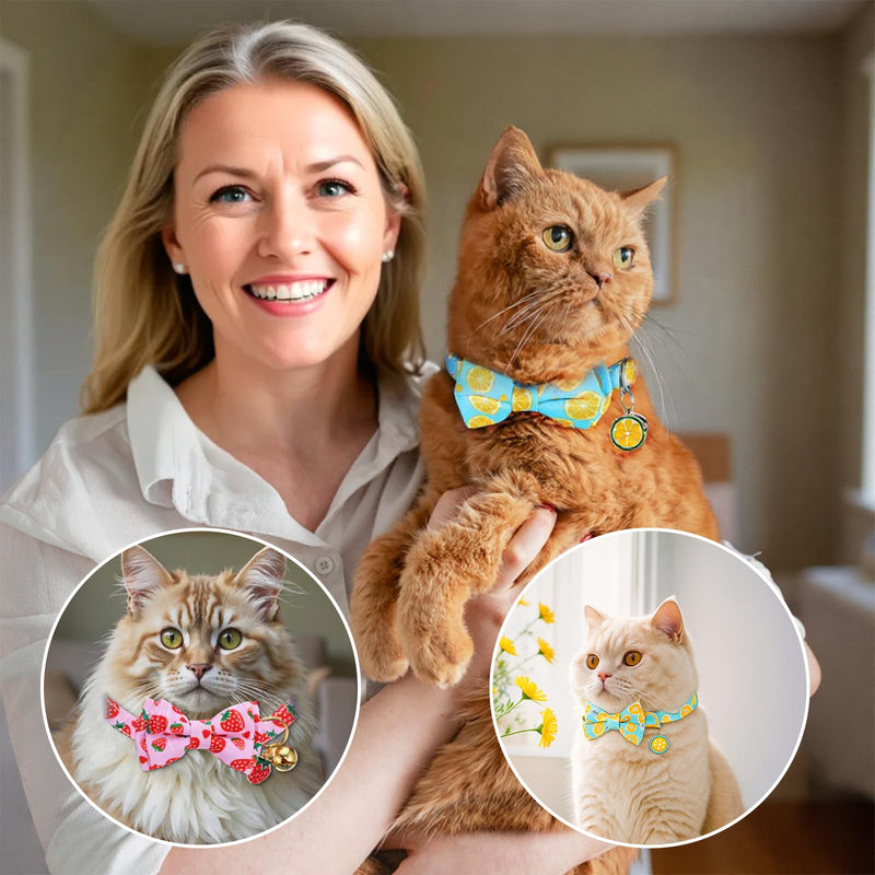 Ouligay 2PCS Bowtie Cat Collar with Bell Adjustable Breakaway Kitten Collars Cute Cat Collar with Removeable Bowknot for Girl Cats Boy Male Cats Lemon Strawberry - PawsPlanet Australia