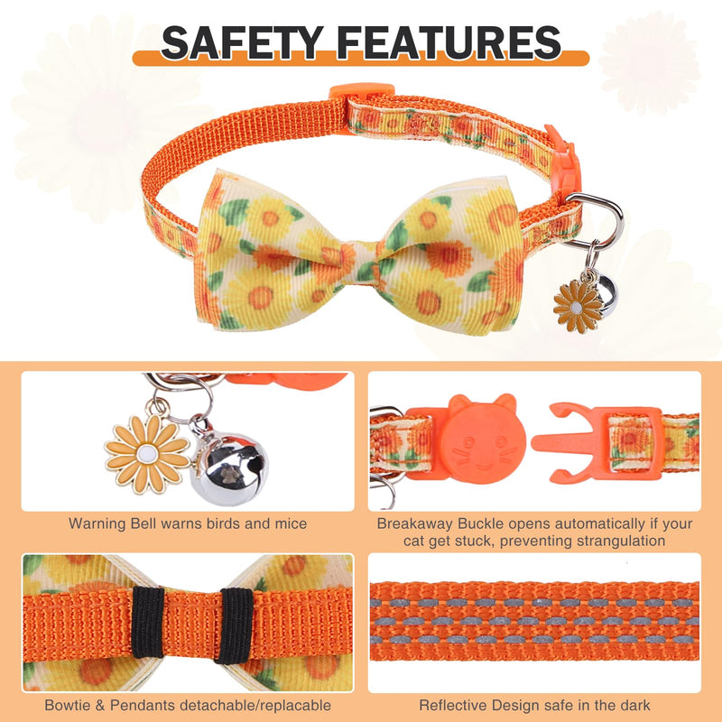 2 Pack Breakaway Cat Collars with Bell, Reflective Kitten Collar with Bow Tie & Charm, Cute Bowtie Collar Safety Adjustable 8"-12" for Girl Boy Kitty Puppy Small Pets, Spring Floral Plaid Orange(Pack of 2) 3/8" Width - PawsPlanet Australia