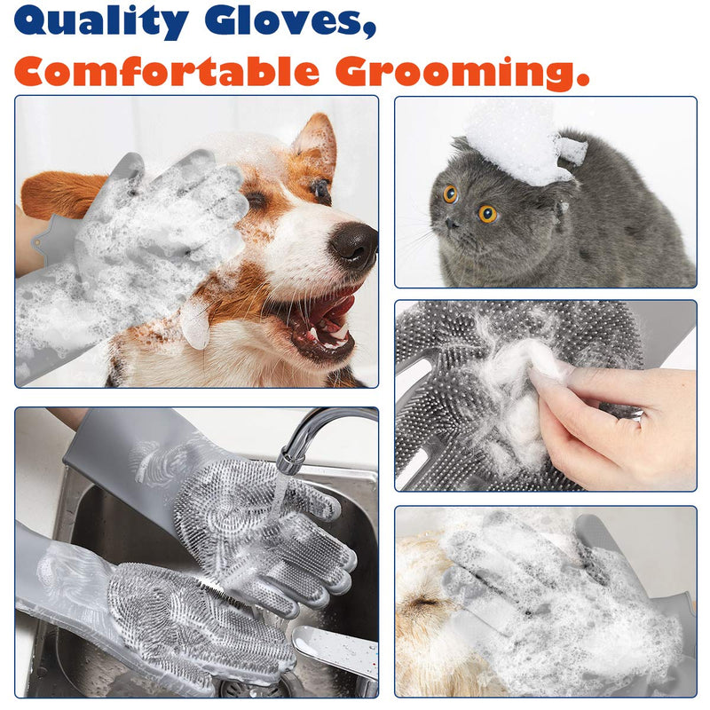 Pet Grooming Gloves - Dog Bathing Shampoo Brush with High Density Teeth, Heat Resistant Silicone Five Finger Design for Bathing and Massaging Dogs and Cats, Gray Normal - PawsPlanet Australia