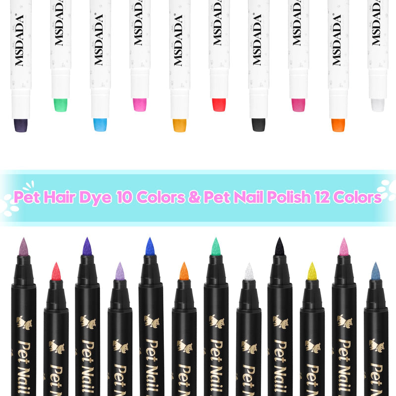 MSDADA 12 Colors Quick Dry Dog Nail Polish Pens & 10 Colors Washable Dog Hair Dye Pens to DIY Beautiful Dog Styling, Dog Safe Easy Application Creative Dog Accessories, Funny Gifts to Dog Cat Lovers - PawsPlanet Australia
