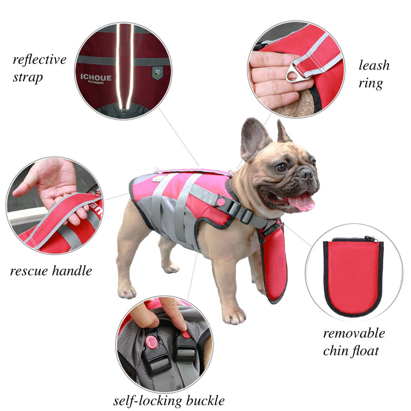 iChoue French Bulldog Life Jacket Vest Saver Swimming with Floating Plate Chin for Frenchie Pug English Boston Terrier (Red, Medium) Medium (Chest 24-28in, 20-30lbs) Red