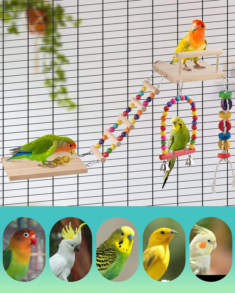 5in1 Bird Parakeet Toys, Detachable Birdie Perches Platform Swing with Climbing Ladder, Parrot Cage Stand Accessories, Wooden Playing Gyms for Conure Cockatiel Lovebird Finch Budgerigar Pigeon - PawsPlanet Australia