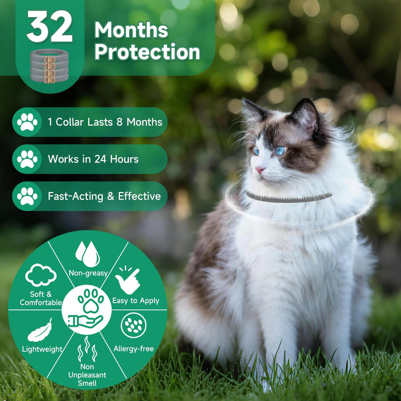 4 Pack Flea Collar for Cats, 32 Months Flea and Tick Prevention for Cats, Cat Flea Treatment, Adjustable Cat Flea Collars, Waterproof Cat Flea and Tick Treatment Collar, Flea Treatment for Cat, Grey
