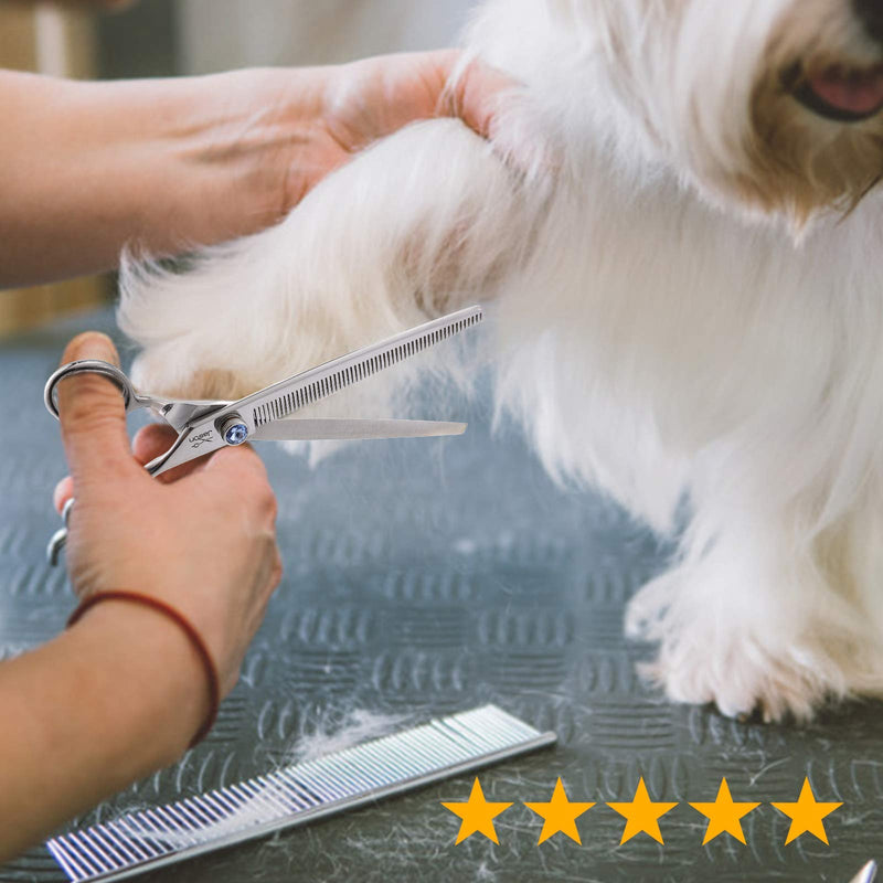 JASON 7.5" 56 Teeth Blending Dogs Grooming Scissors Cats Thinning Shears Pets Blender Thinner Trimming Texturizing Kit with Offset Handle Blue Jewelled Screw 7.5"