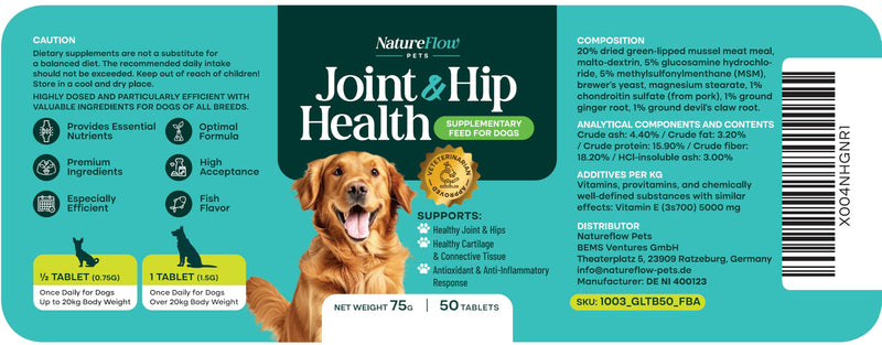 Natureflow Hip and Joint Supplement for Dogs 50ct, Power of Nature, Made in USA, Up to 100 Days Supply, with Green-Lipped Mussel, Glucosamine, Chondroitin, MSM & Devil’s Claw, for All Breeds 50 Counts - PawsPlanet Australia