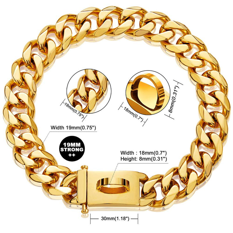 Gold Dog Chain Collar Walking Metal Chain Collar with Design Secure Buckle,18K Cuban Link Strong Heavy Duty Chew Proof for Medium Dogs(19MM, 18") 18 Inch (Pack of 1) - PawsPlanet Australia