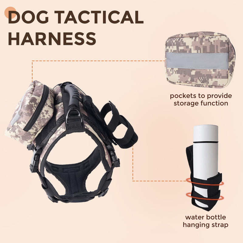 Multicam Tactical Dog Harness No-Pull Adjustable Canine Harness for Large Breeds, Reflective K9 Vest with Water Bottle Bag and Pocket; Ideal Training, Walks, Hikes Gear-(L Size) Camouflage chest harness - PawsPlanet Australia