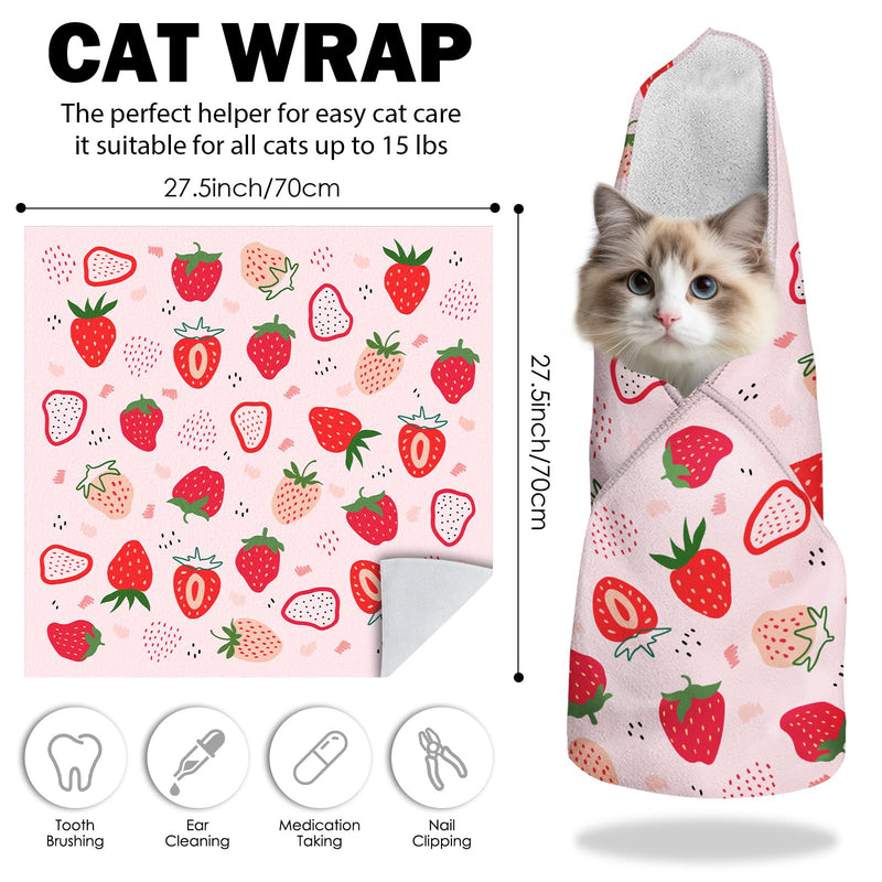 27.6"Cat Grooming Wrap, Self Adhesive Cat Wrap for Cutting Nails, Anti-Escape Cat Swaddle Wrap for Medicine Ear Cleaning, Strawberry Anti-Scratch Cats Burrito Restraint Blanket, Pet Tool (6-10 lbs) - PawsPlanet Australia